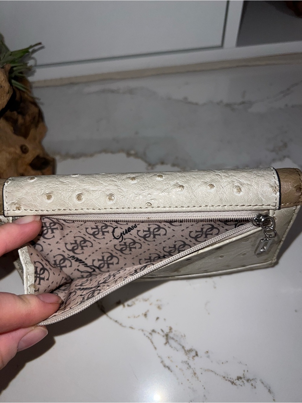 Guess Women’s Ostrich-Texture Wallet in Cream and Tan - Picture 6 of 7